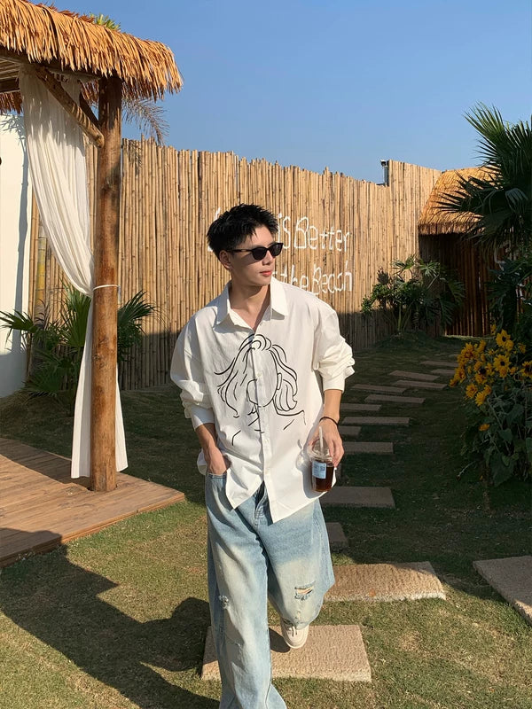 Long Sleeve Streetwear Shirt With Line Art 2