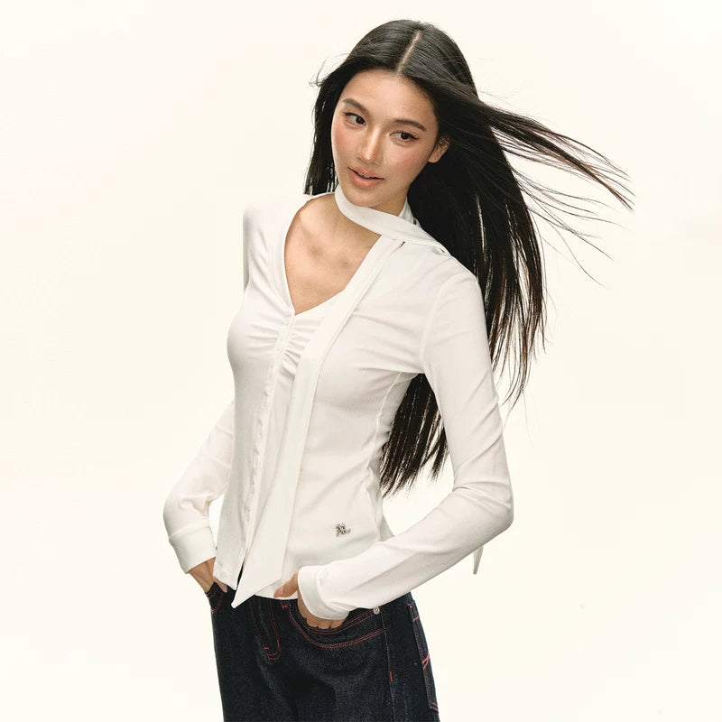 Long Sleeve V-Neck Scarf Detail Top 3