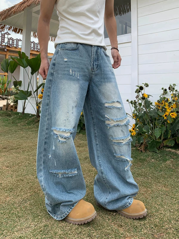 Loose Wide-Leg Distressed Streetwear Jeans Pants 2