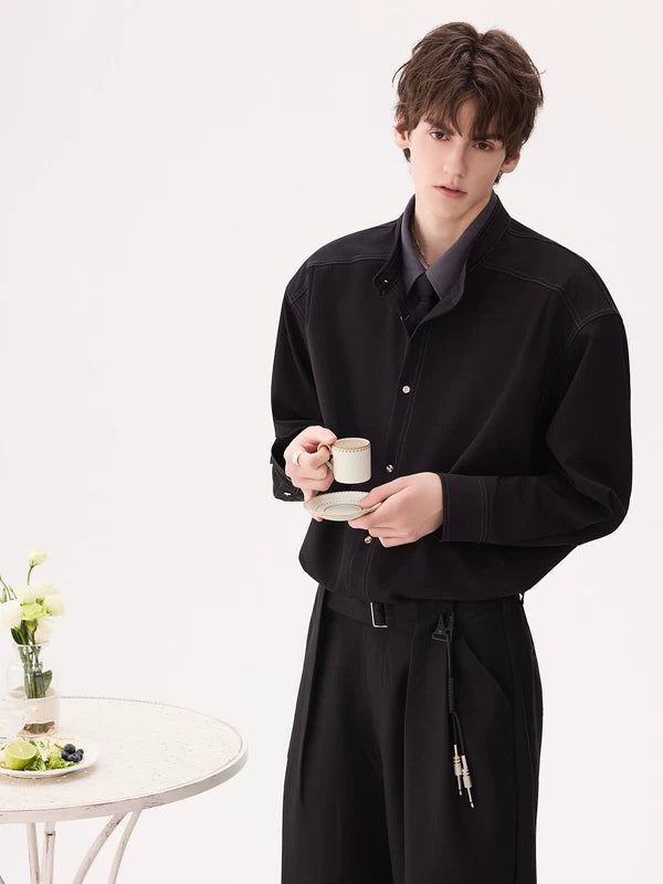 Minimalist Faux Two-Piece Stand Collar Shirt 1