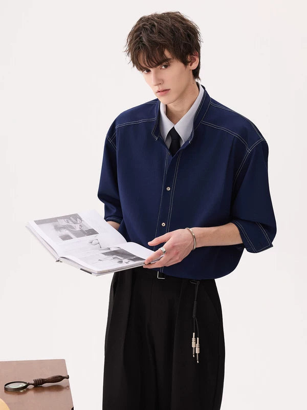 Minimalist Faux Two-Piece Stand Collar Shirt 5
