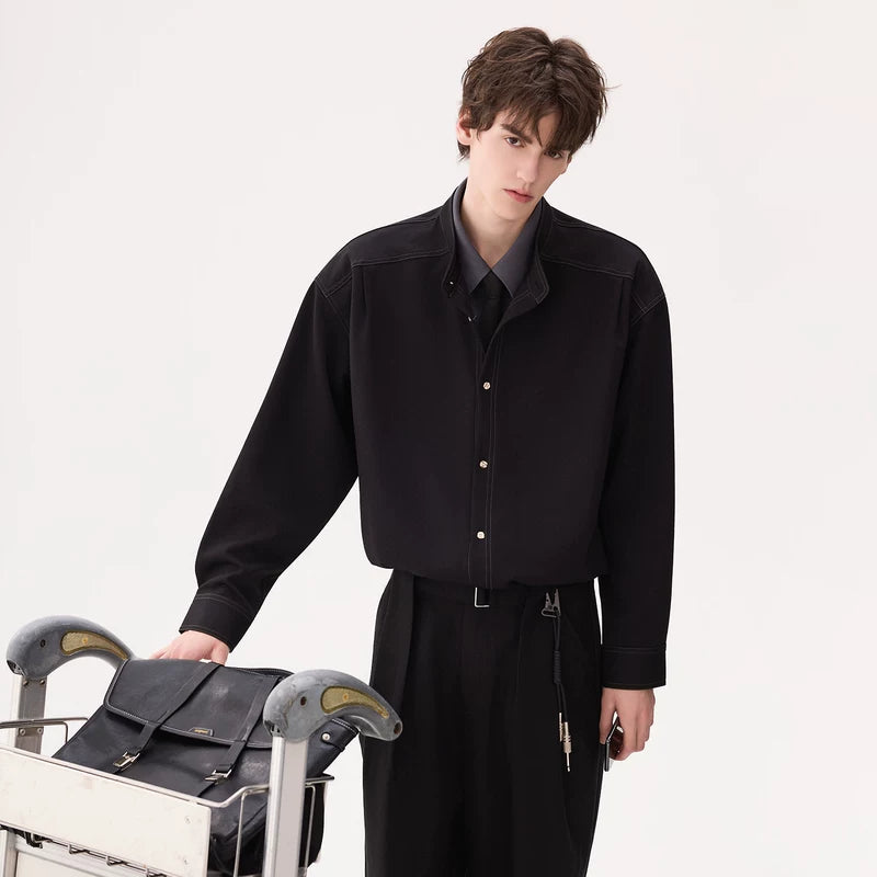 6043694129819,6043694129820,6043694129821,6043694129822, Minimalist Faux Two-Piece Stand Collar Shirt