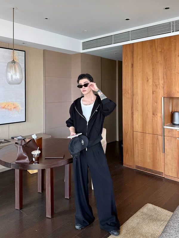 Minimalist Hooded Cardigan and Wide-Leg Pants 2