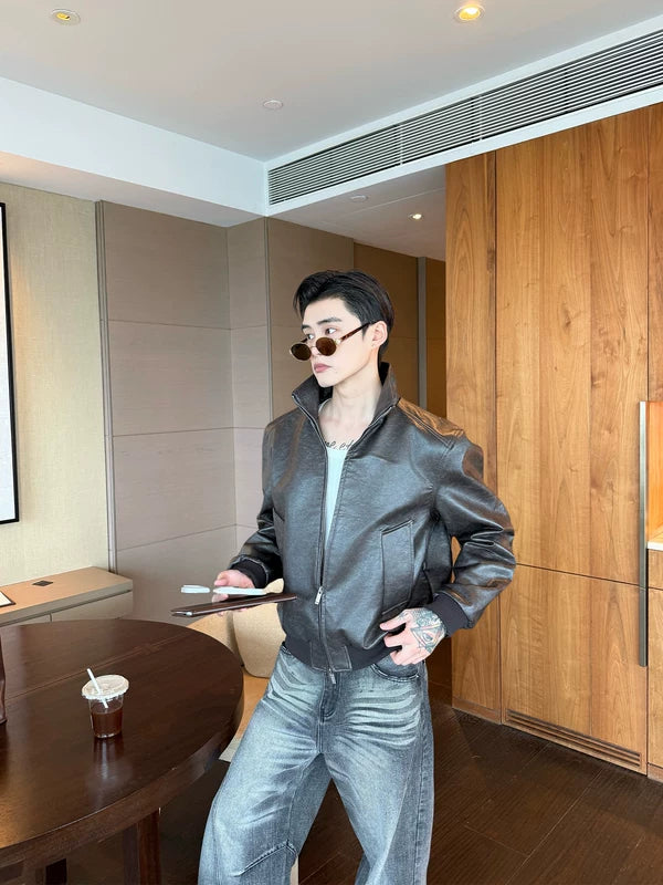 Minimalist Stand-Collar Faux Leather Bomber Jacket 2