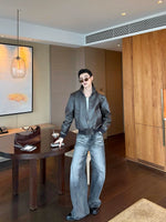 Minimalist Stand-Collar Faux Leather Bomber Jacket 3