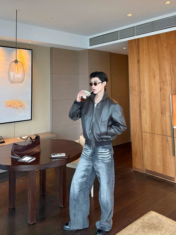 Minimalist Stand-Collar Faux Leather Bomber Jacket 5