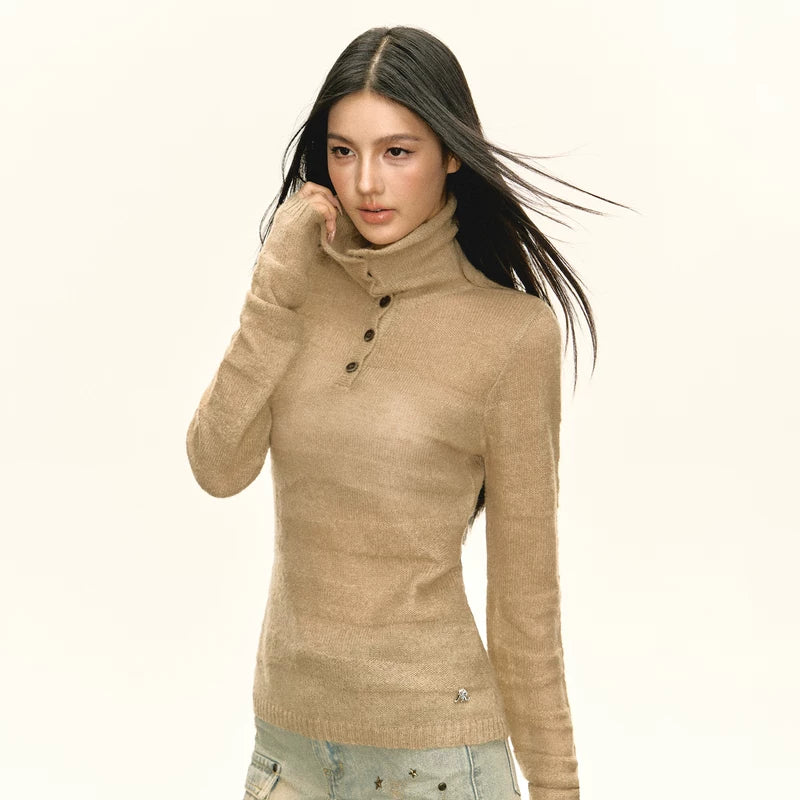 ,1627207:5686282,6005708521871,1627207:5686282,6005708521872,1627207:5686282,6005708521870,1627207:5686282,6005708521873,6005708521871,6005708521872,6005708521870,6005708521873, Mock Neck Button Front Knit Sweater