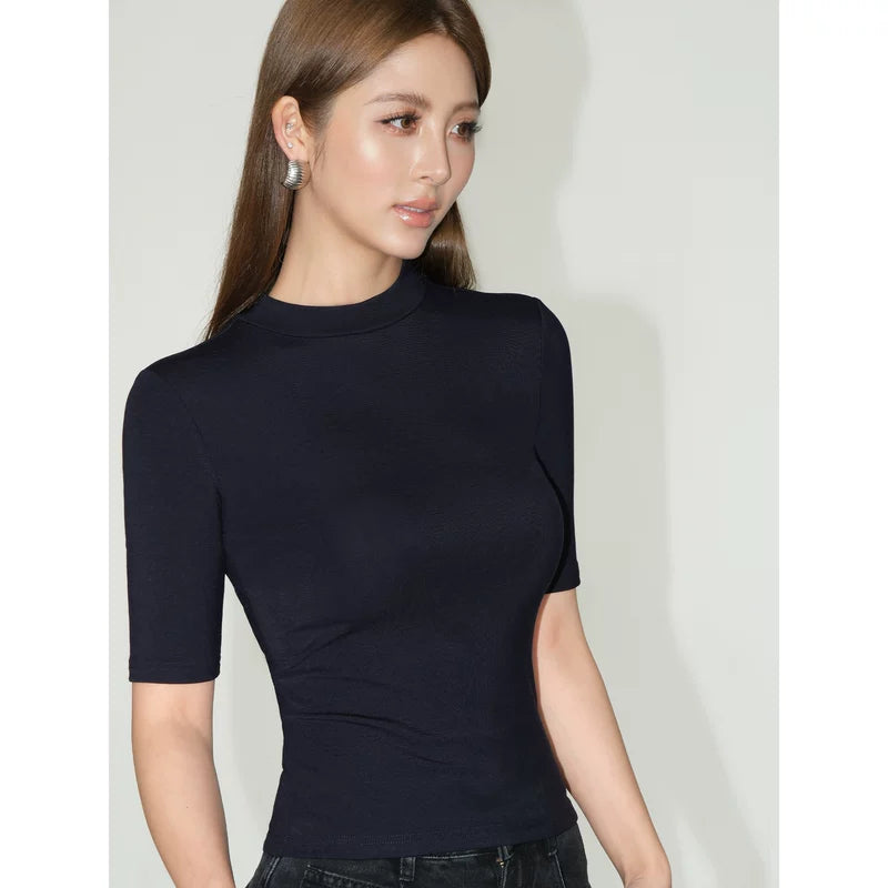 6011001944882,6011001944883,6011001944884, Mock Neck Short Sleeve Slim Fit Top