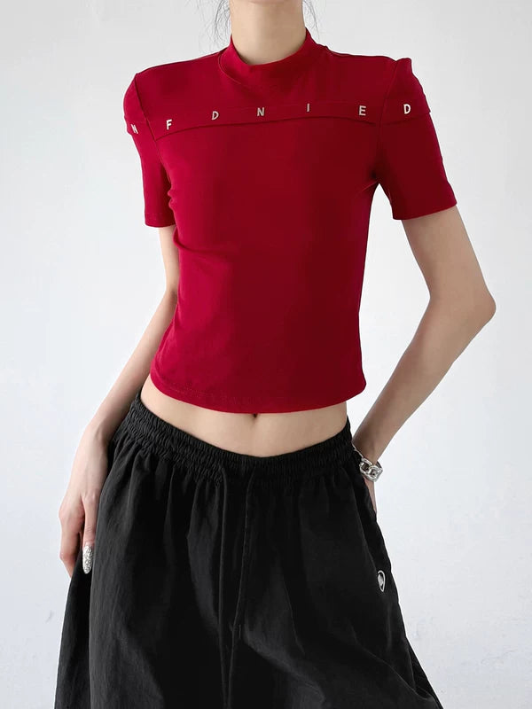 Mock Neck Slim Fit Letter T-Shirt 2