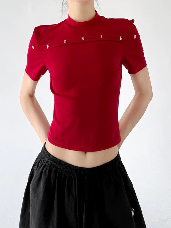 Mock Neck Slim Fit Letter T-Shirt 3