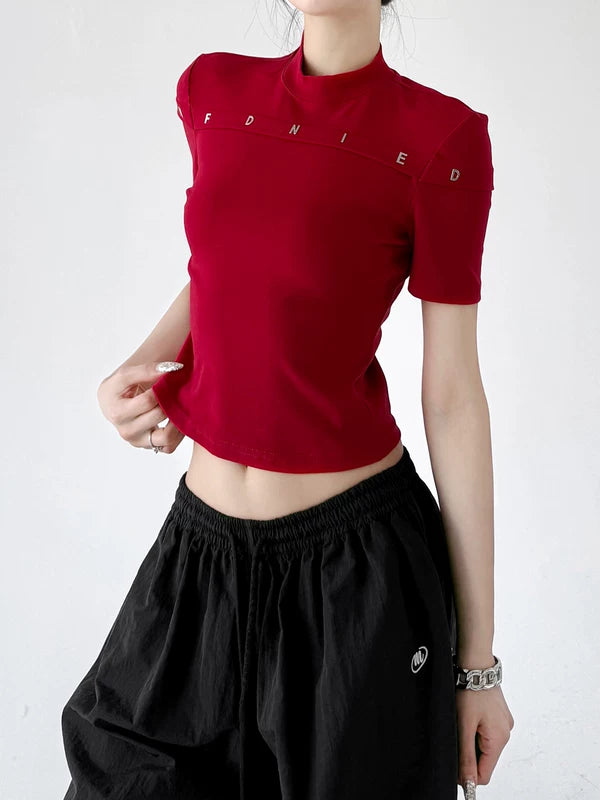 Mock Neck Slim Fit Letter T-Shirt 4