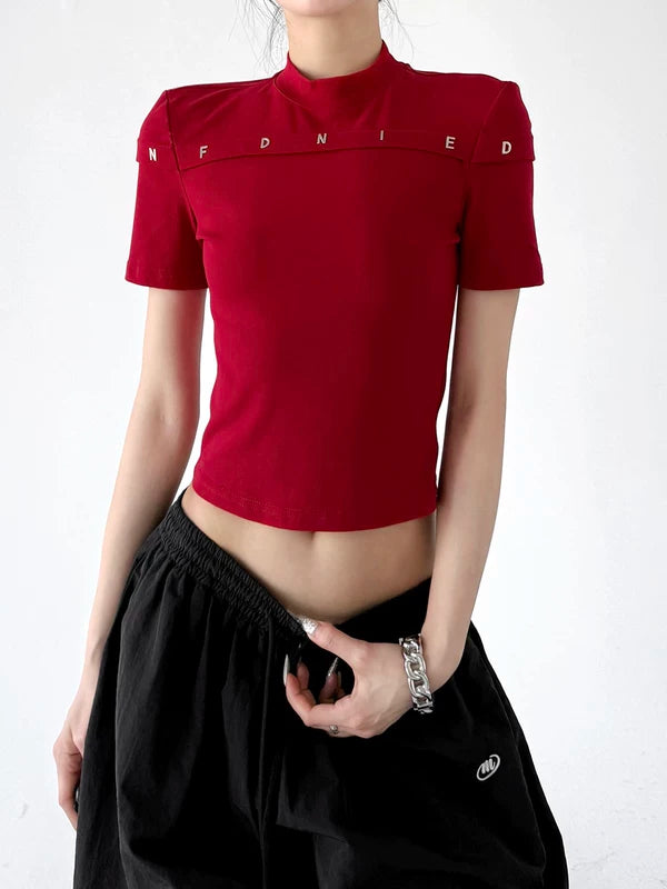 Mock Neck Slim Fit Letter T-Shirt 5