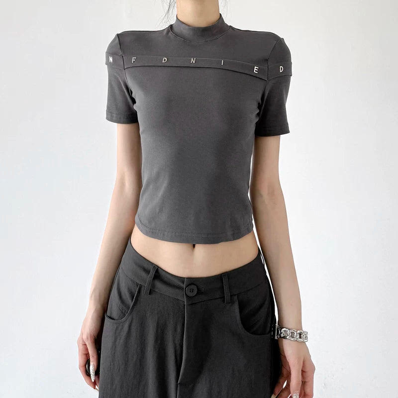 6044791748481,6044791748482, Mock Neck Slim Fit Letter T-Shirt