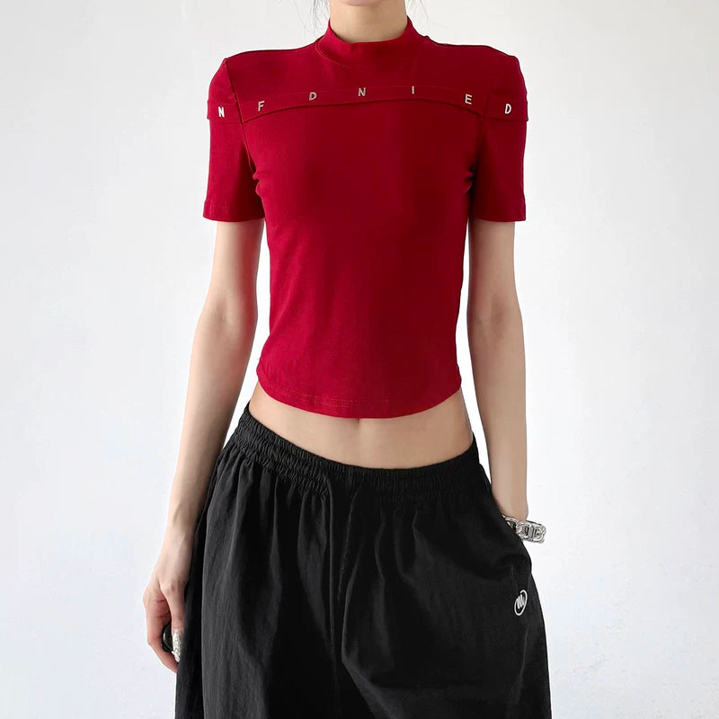 6044791748483,6044791748484, Mock Neck Slim Fit Letter T-Shirt