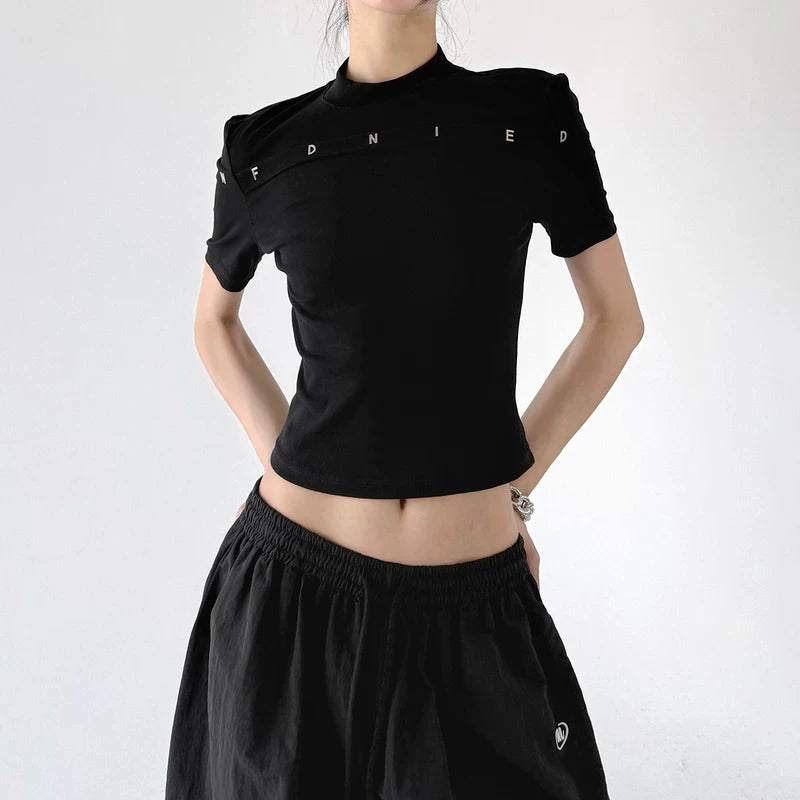 6044791748485,6044791748486, Mock Neck Slim Fit Letter T-Shirt