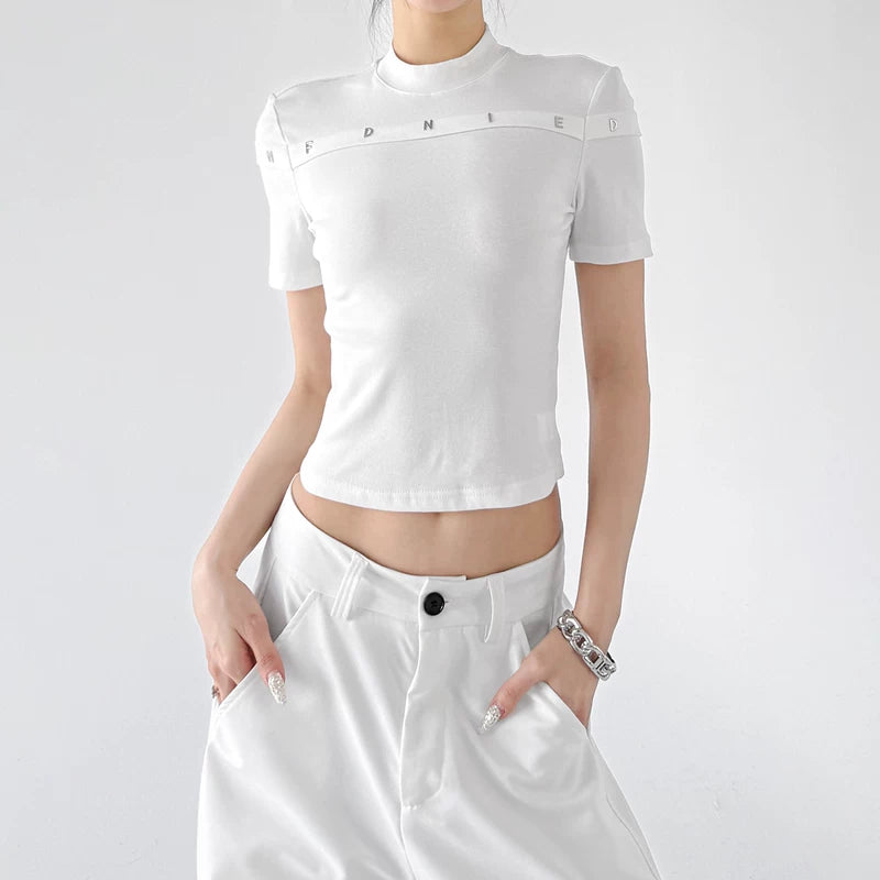 6044791748487,6044791748488, Mock Neck Slim Fit Letter T-Shirt