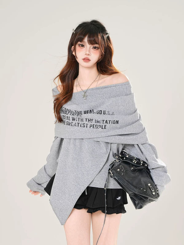 1627207:28334,6099475531595,1627207:28334,6099475531596,6099475531595,6099475531596, Off-Shoulder Asymmetrical Hem Pullover Sweatshirt