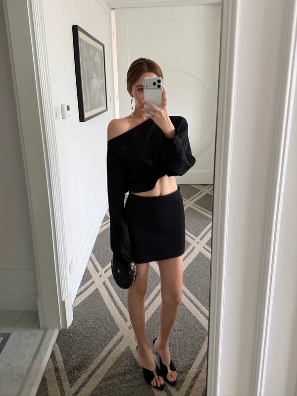 Off-Shoulder Batwing Crop Top Skirt Set 2