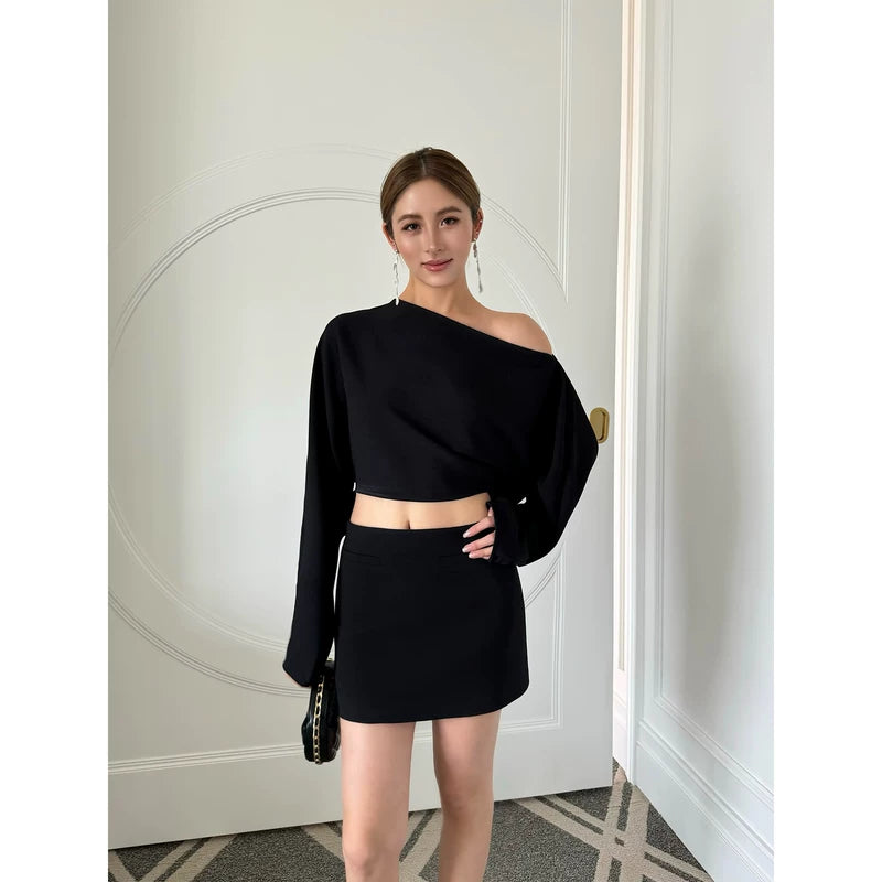 6026596664133,6026596664134,6026596664135,6026596664136, Off-Shoulder Batwing Crop Top Skirt Set