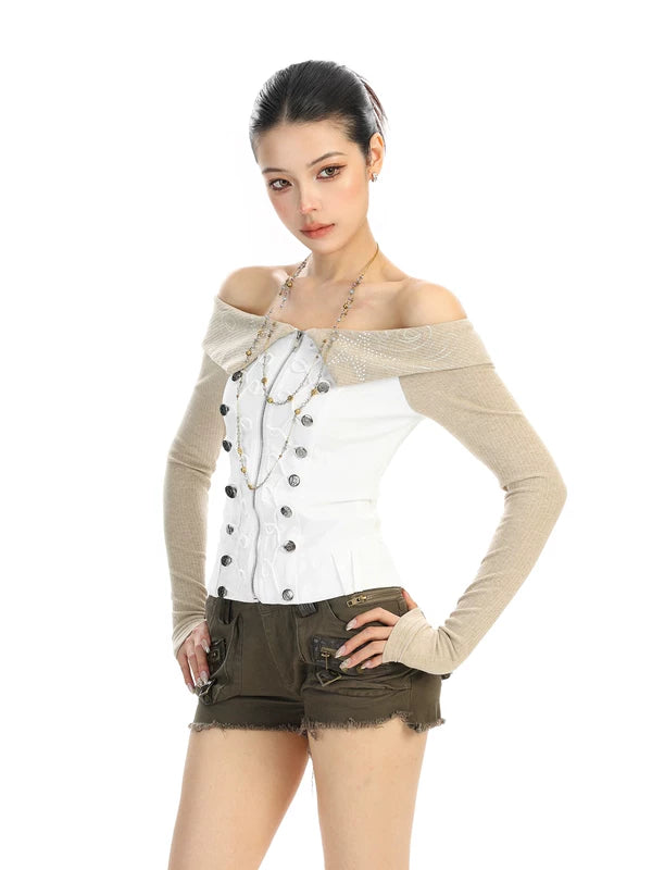 Off-Shoulder Button-Down Denim Long-Sleeve Top 4