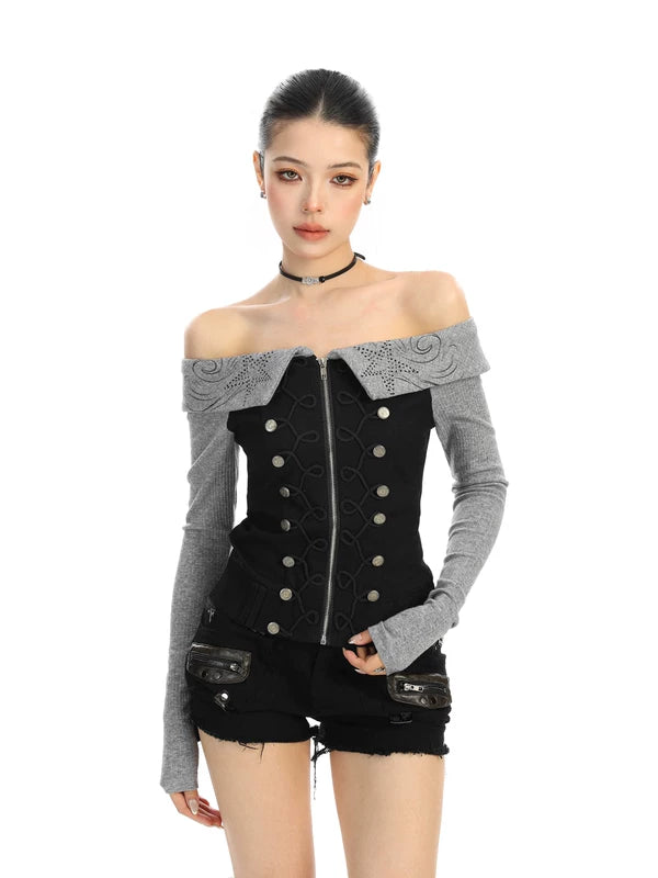 Off-Shoulder Button-Down Denim Long-Sleeve Top 5