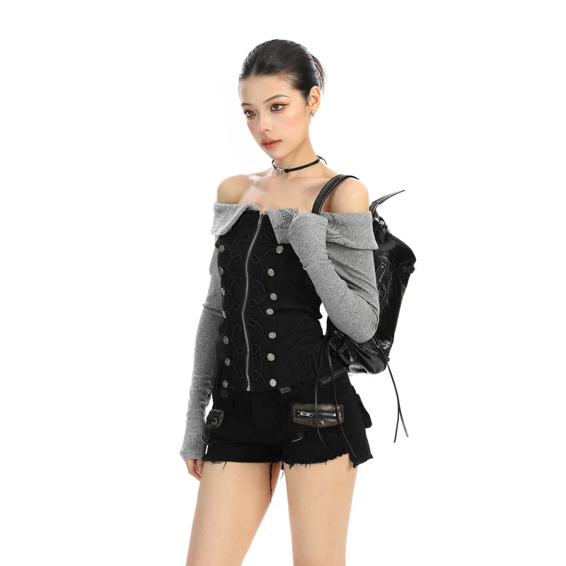 6200479418833,6200479418834,6200479418835, Off-Shoulder Button-Down Denim Long-Sleeve Top