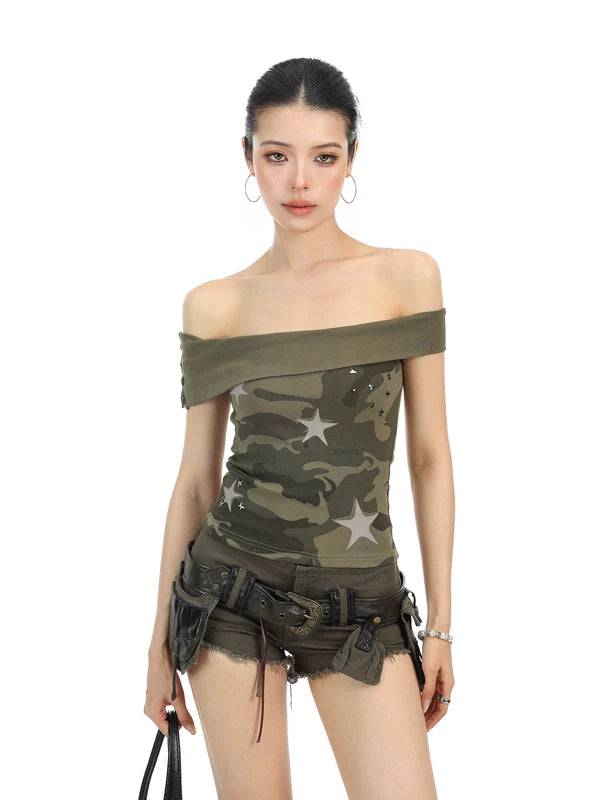 Off-Shoulder Camouflage Star Crop Top 2
