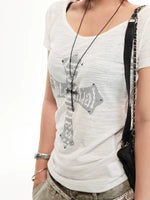 Off-Shoulder Cross Graphic Slim T-Shirt 5