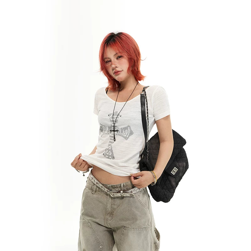 6211633858812,6211633858813,6211633858814, Off-Shoulder Cross Graphic Slim T-Shirt