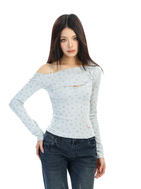 6029677396234,6029677396235,6029677396236, Off-Shoulder Cutout Floral Long Sleeve Top