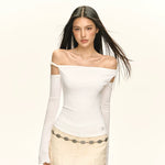 6035023340510,6035023340511,6035023340512,6035023340513, Off-Shoulder Cutout Long-Sleeve T-Shirt