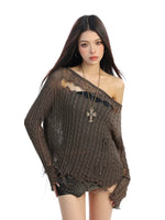 Off-Shoulder Distressed Hollow Knit Top 2