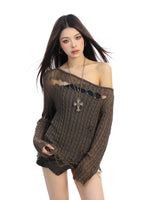 6014809696135,6014809696136,6014809696137, Off-Shoulder Distressed Hollow Knit Top