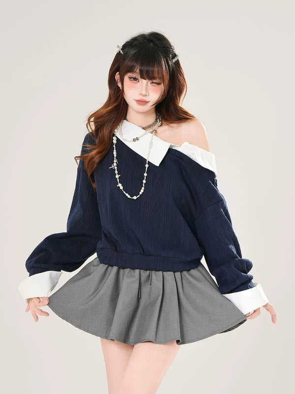 1627207:28338,6099626939720,1627207:28338,6099626939717,1627207:28338,6099626939718,6099626939720,6099626939717,6099626939718, Off-Shoulder Faux Two-Piece Knit Pullover