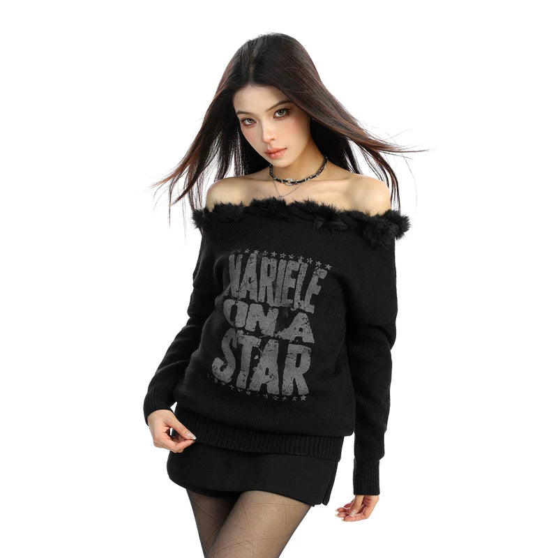 Off-Shoulder Fuzzy Trim Letter Sweater 4