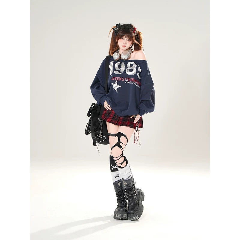 Off-Shoulder Graphic Pullover Sweatshirt Top 4