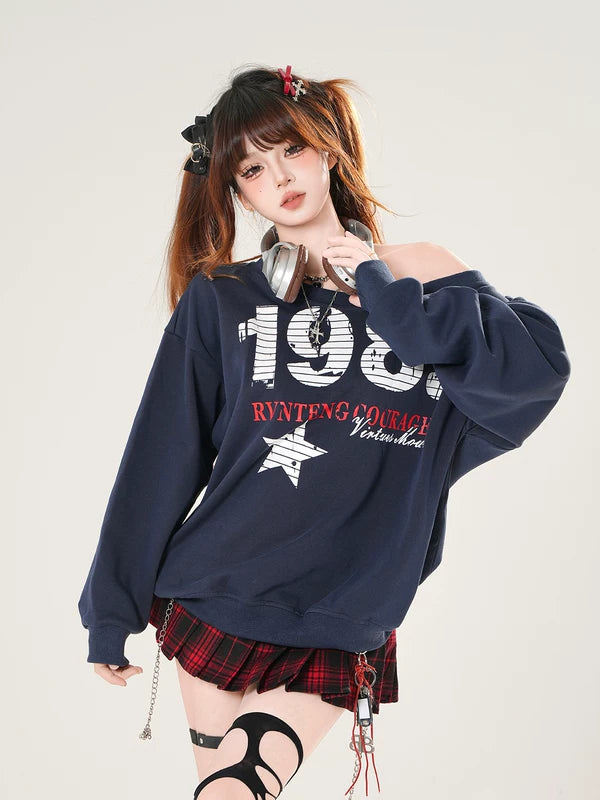 1627207:28338,5912402120477,1627207:28338,5912402120476,1627207:28338,5912402120475,5912402120477,5912402120476,5912402120475, Off-Shoulder Graphic Pullover Sweatshirt Top