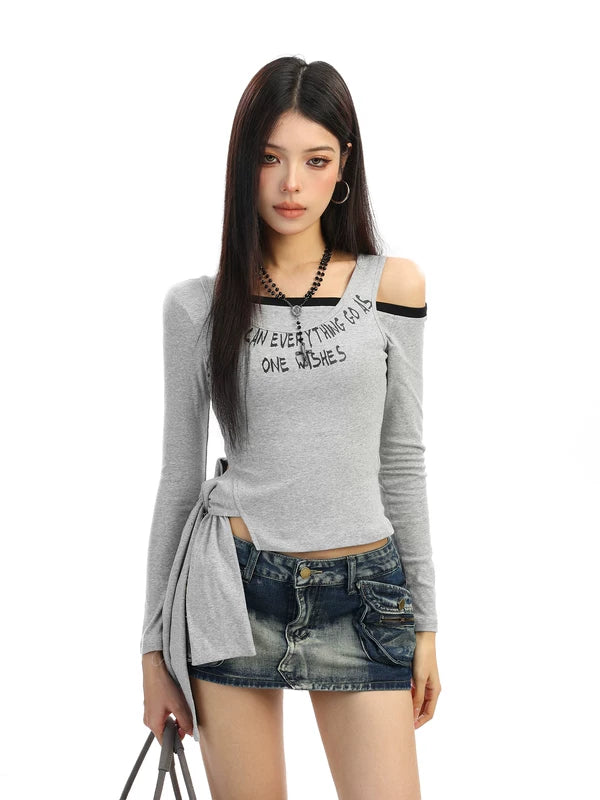 Off-Shoulder Halter Long Sleeve Letter Top 2