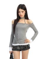 Off-Shoulder Halter Long-Sleeve Pullover Top 5