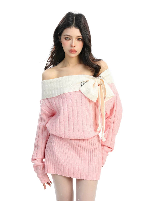 1627207:28323,6002205061279,1627207:28323,6002205061278,1627207:28323,6002205061280,6002205061279,6002205061278,6002205061280, Off-Shoulder Knit Sweater Mini Dress