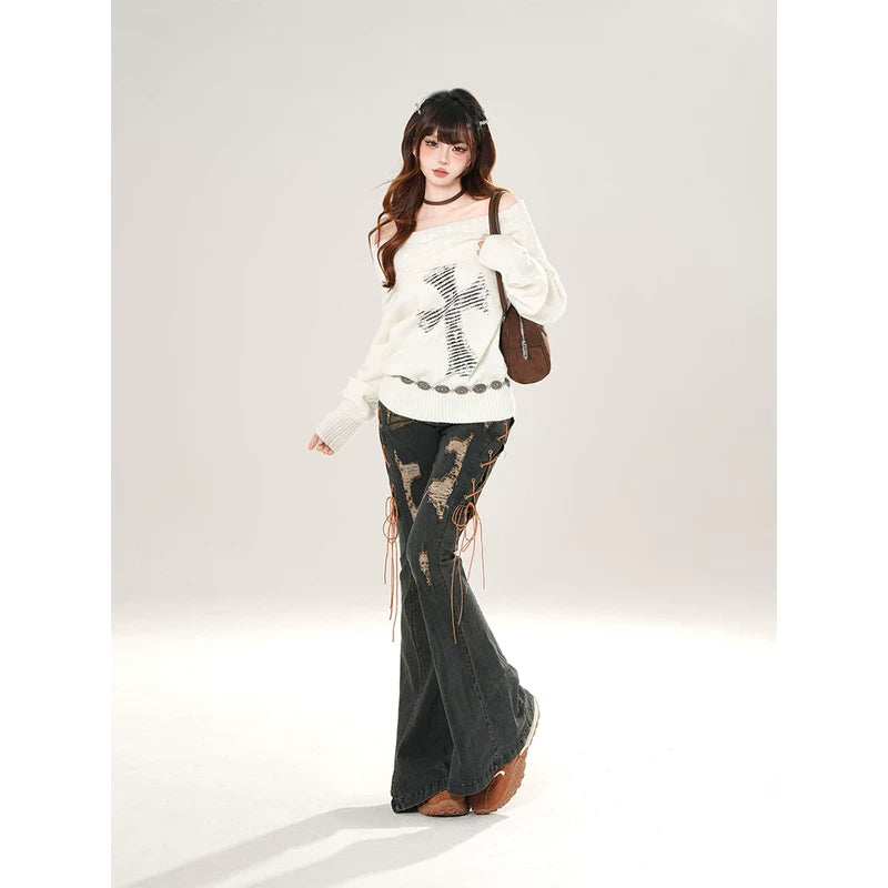 Off-Shoulder Knit Sweater with Cross Graphic 5