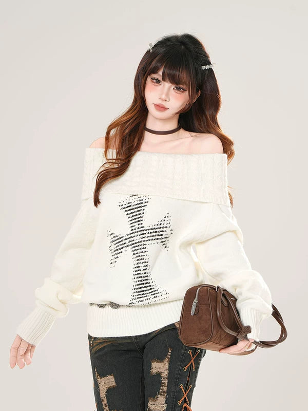 1627207:28320,5932538644098,1627207:28320,5932538644099,1627207:28320,5932538644100,5932538644098,5932538644099,5932538644100, Off-Shoulder Knit Sweater with Cross Graphic