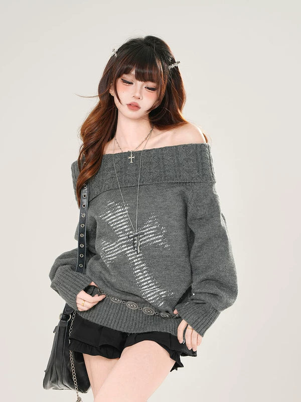 1627207:28334,5932538644102,1627207:28334,5932538644103,1627207:28334,5932538644101,5932538644102,5932538644103,5932538644101, Off-Shoulder Knit Sweater with Cross Graphic