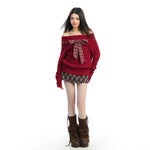 Off-Shoulder Knit Sweater with Plaid Bow 3