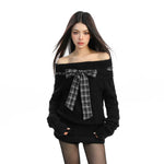 Off-Shoulder Knit Sweater with Plaid Bow 4