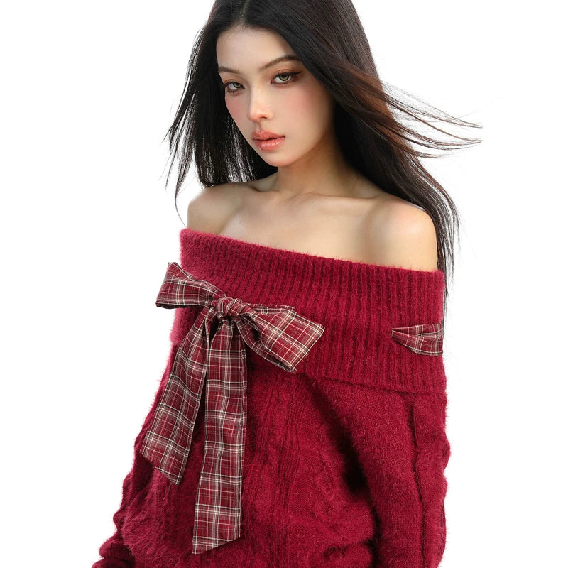 Off-Shoulder Knit Sweater with Plaid Bow 5