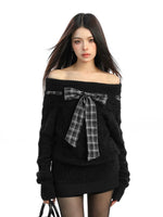 1627207:28341,6169533646699,1627207:28341,6169533646700,1627207:28341,6169533646701,6169533646699,6169533646700,6169533646701, Off-Shoulder Knit Sweater with Plaid Bow