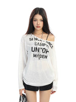 ,6190095710143,6190095710144,6190095710145, Off-Shoulder Letter Print Long-Sleeve Top
