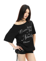 Off Shoulder Letter Print Loose T-Shirt 2