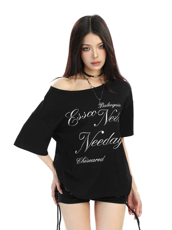 Off Shoulder Letter Print Loose T-Shirt 4